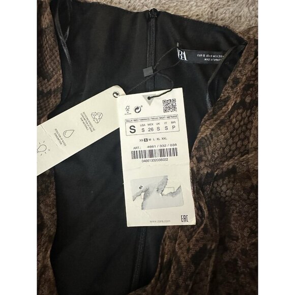Zara Dress Draped Tulle Mini Long Sleeve in Snakeskin Brown Size S New - Picture 4 of 16